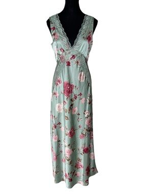 THIRTY THIRTY LA New Floral Satin Maxi Dress Sage Green Rose Lace Medium *Flaw